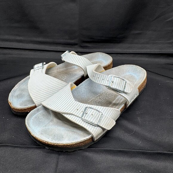 Birkis Birkenstock Sandals 8.5 N EU 38 Aziza Slides Mint Green Striped - Picture 1 of 5